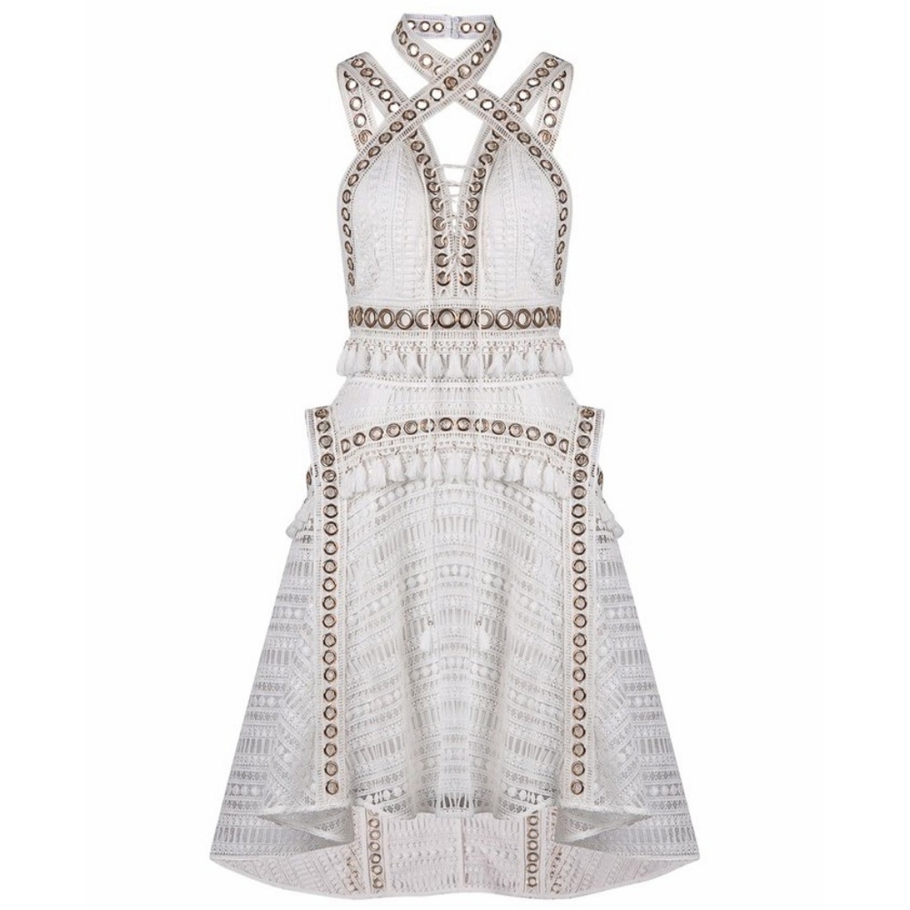 NWT THURLEY White Grommet Pom Pom Lace Mini Dress